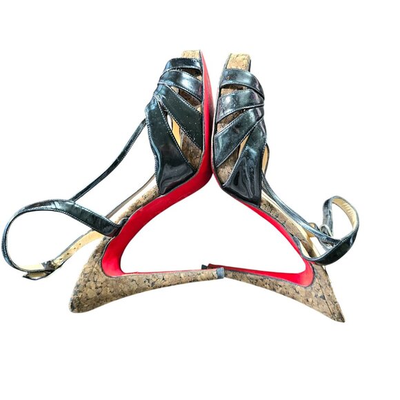 Christian Louboutin Black Patent Leather Cork Peep-Toe Stilettos Heels size 38.5 - Picture 10 of 12